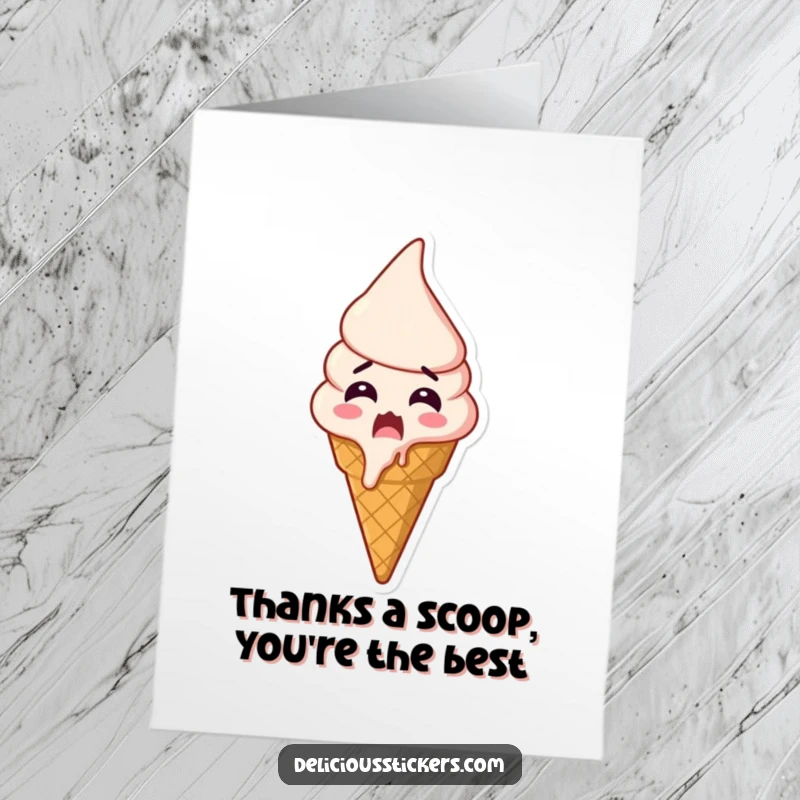 Funny Free Printable Thank You Card: An ice cream cone melts with happy shock, amazed by your kindness, sprinkles everywhere.