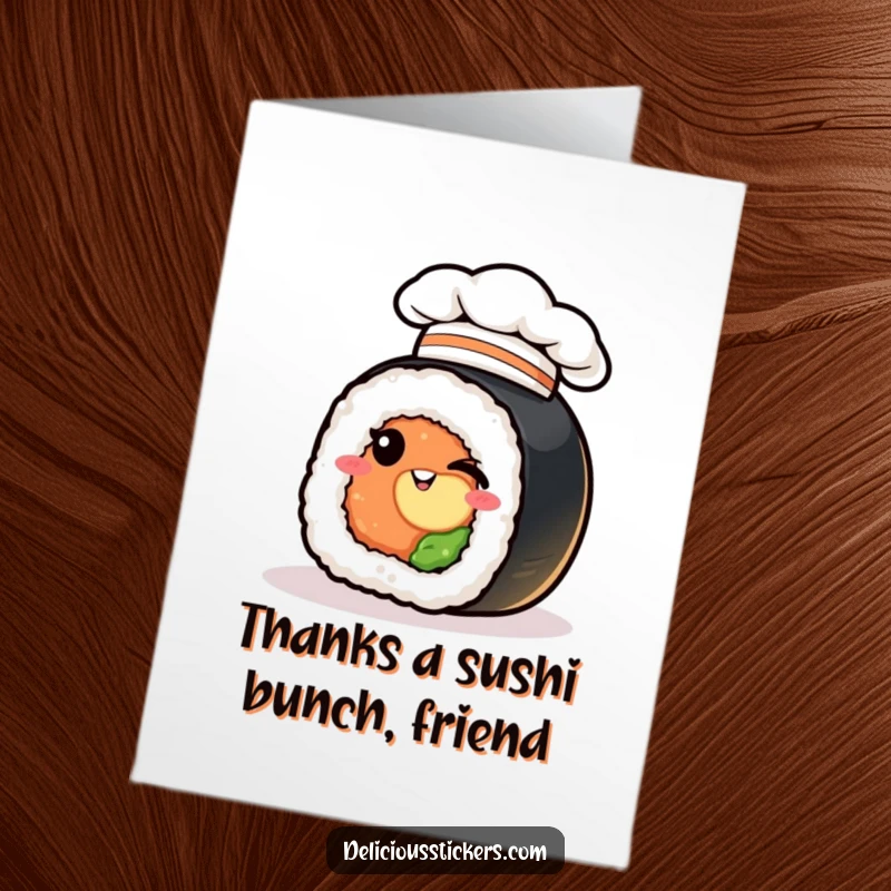 Funny free printable thank you card featuring a sushi roll in a chef hat, winking charmingly. A unique way to say thanks.