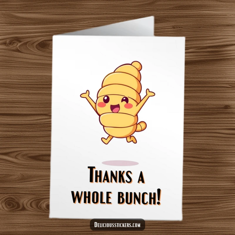 Funny Free Printable Thank You Card with a cheerful croissant character leaping high, showing energetic thanks.
