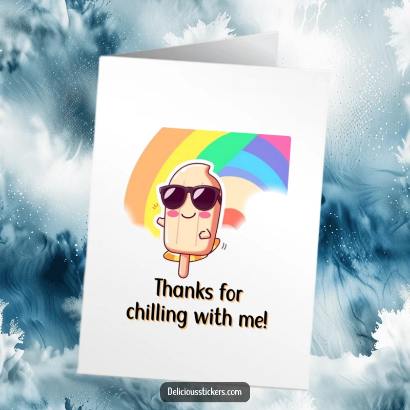 Funny free printable thank you card: a smiling popsicle character in sunglasses slides down a rainbow, showing sincere thanks.