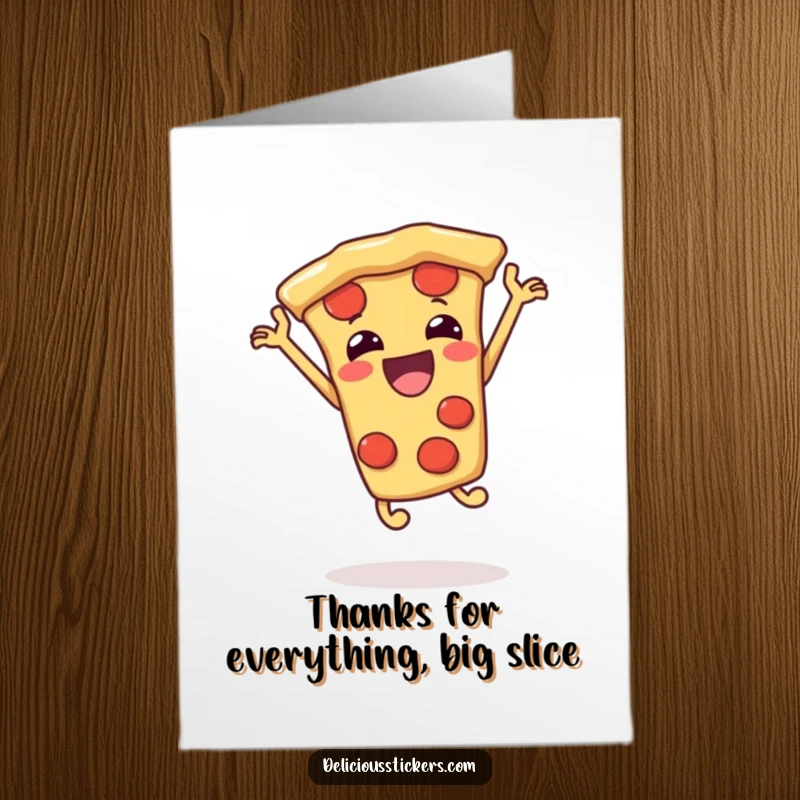 Funny free printable thank you card featuring a pizza slice jumping with delight, a fun way to say thanks.