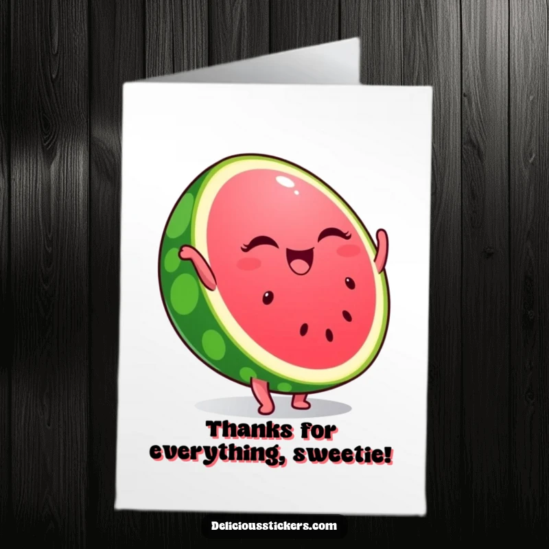 Funny Free Printable Thank You Card: A winking watermelon slice performing a handstand, sending thanks.