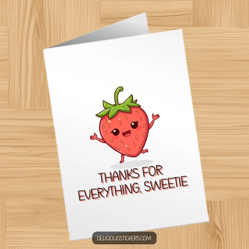 Funny Free Printable Thank You Card: Delighted strawberry doing a jig, expressing sweet and cheerful thanks.