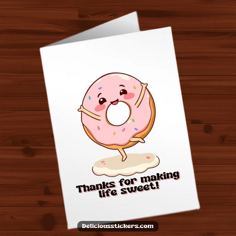 Funny Free Printable Thank You Card: Joyful donut character twirling on frosting, expressing sweet gratitude.