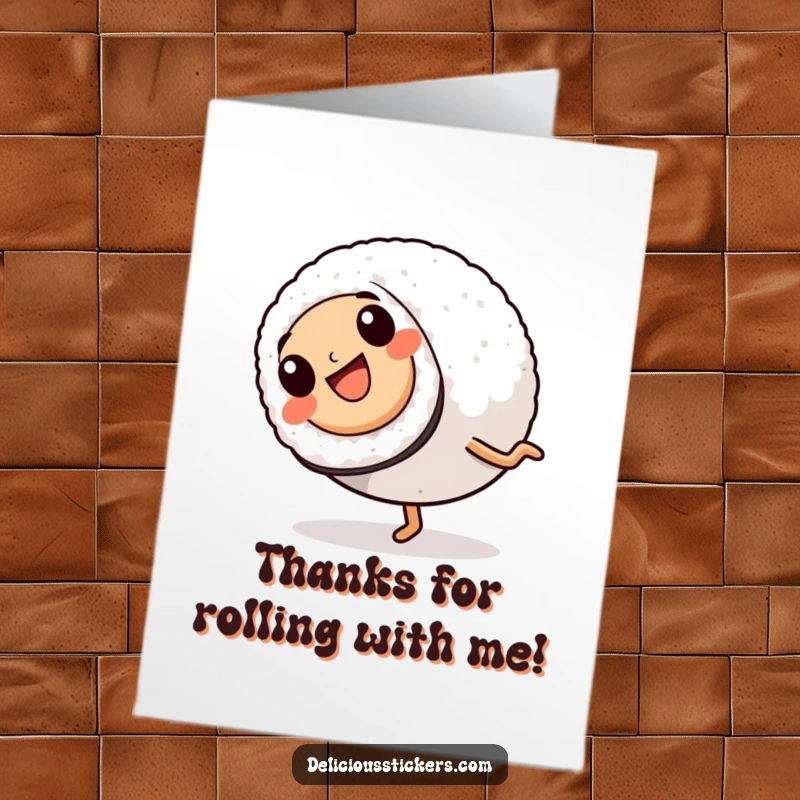 Funny Free Printable Thank You Card: A cheerful sushi roll with legs in mid-cartwheel, conveying thanks with energy.