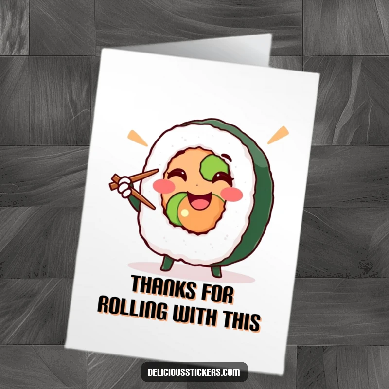 Funny Free Printable Thank You Card: A smiling sushi roll character strikes a victory pose with chopsticks, conveying deep thanks.
