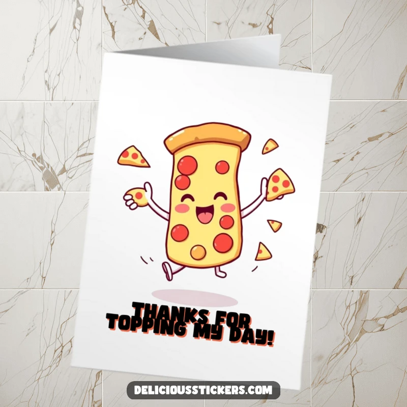 Funny Free Printable Thank You Card: A pizza slice character comically juggles several smaller versions of itself.