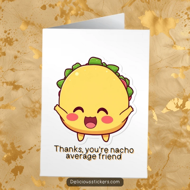 Funny Free Printable Thank You Card: A lively taco with wide, excited eyes cheers loudly to express thanks.