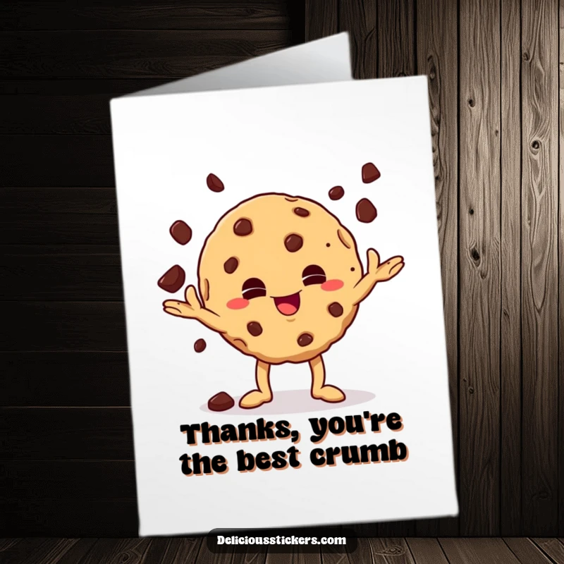 Funny Free Printable Thank You Card: A mischievous cookie character juggling chocolate chips, sent with thanks.