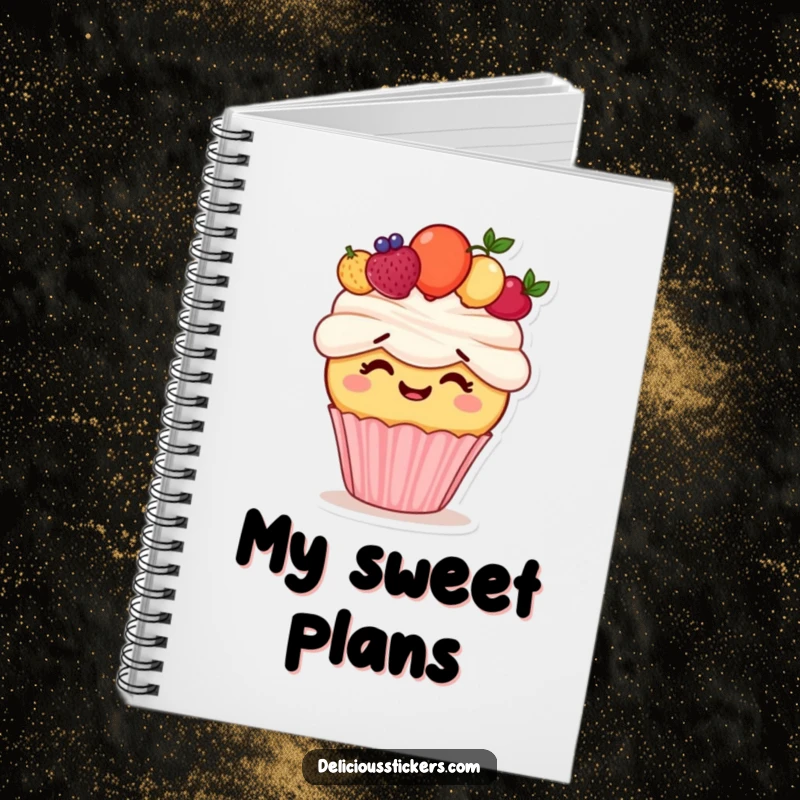 Funny notebook featuring a giggling cupcake character trying to wear a fruit crown, perfect for notes and sweet inspirations.