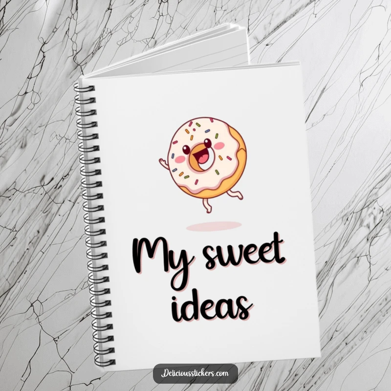 Funny donut notebook with sprinkles cartwheeling, cartoon stationery, a humorous and sweet item for notes.