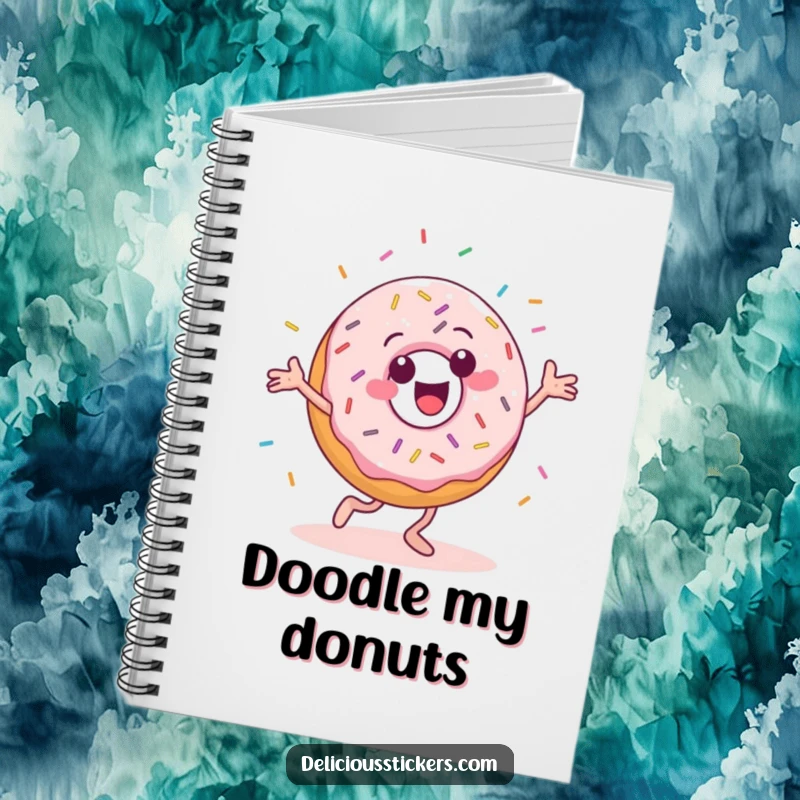 Funny notebook with a cheerful donut character doing a silly dance with sprinkles flying.