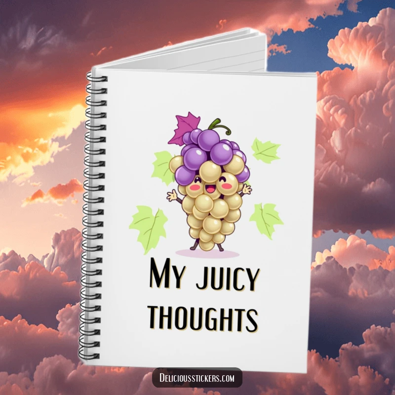 Funny grape bunch notebook cover with the character dancing playfully, ideal for jotting down notes and ideas.