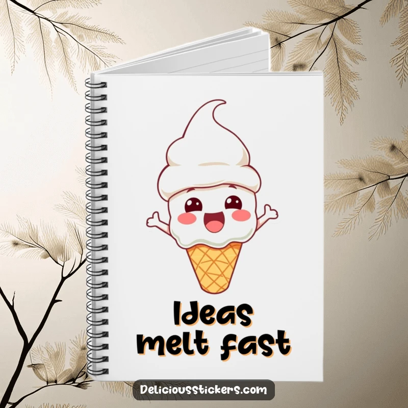 Funny Notebook with an excited ice cream cone character wearing a cone hat, perfect for jotting down sweet thoughts and ideas.