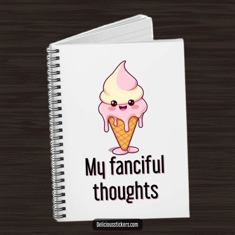 Funny notebook with a melting ice cream cone character whose drips form funny shapes, ideal for jotting down notes.