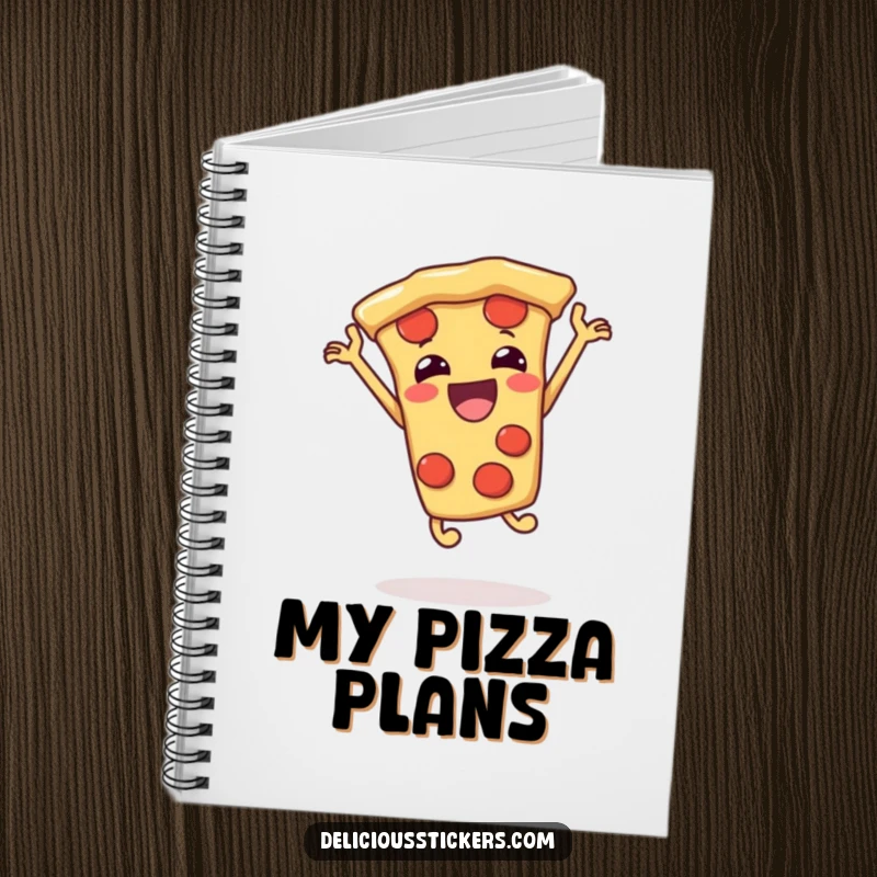 Funny pizza slice notebook jumping, cartoon stationery, a humorous and practical item for notes.