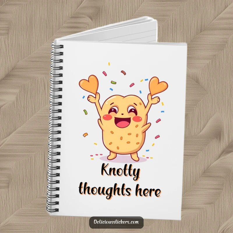 Funny pretzel character throwing confetti on a notebook cover, ideal for jotting down notes with cheesy humor.