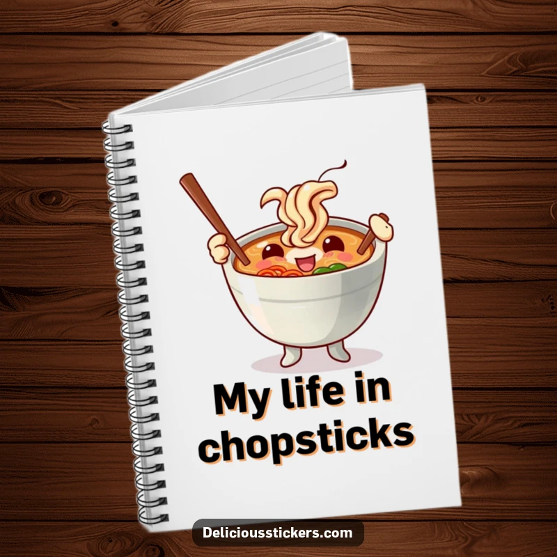 Funny notebook cover featuring a happy ramen bowl character skillfully waving chopsticks like energetic batons, inspiring culinary doodles and notes.