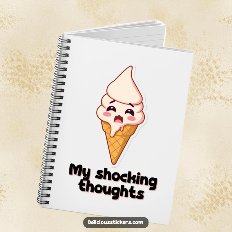 Funny shocked ice cream notebook, an ice cream cone melts with visible shock and excitement, ready to hold your notes.