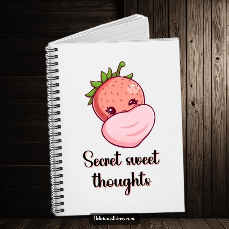 Funny shy strawberry notebook, featuring a bashful berry peeking from behind candy, perfect for journaling sweet thoughts.