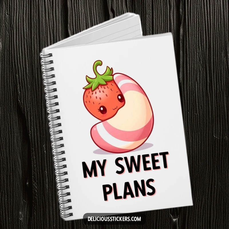 Funny shy strawberry notebook, a strawberry peeks shyly from behind a large candy, inspiring users to fill the pages gently.