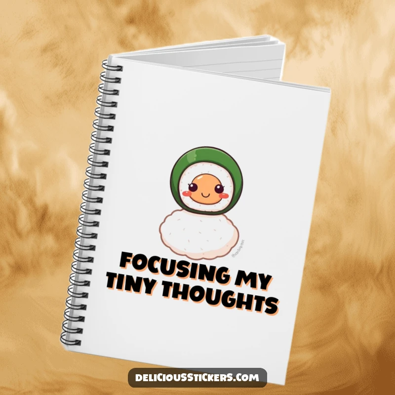 Funny notebook with a smiling sushi roll character perfectly balanced on a single grain of rice, ready for your brilliant ideas.