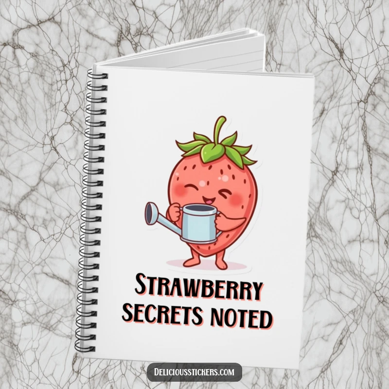 Funny notebook with a giggling strawberry character holding a tiny watering can, giving a wink.