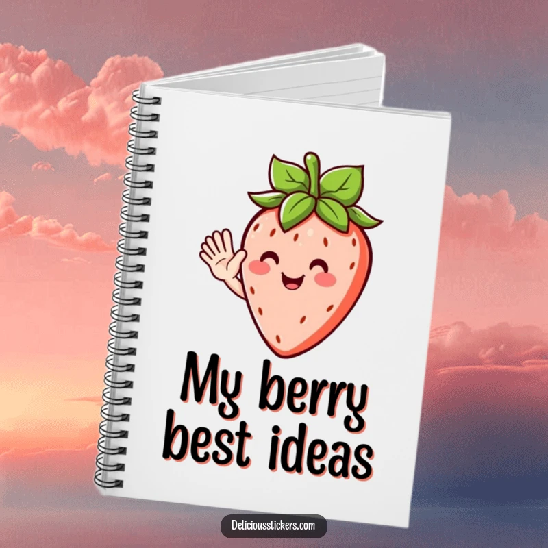 Funny notebook featuring a happy strawberry character with leafy hair, waving hello and ready to hold your notes.
