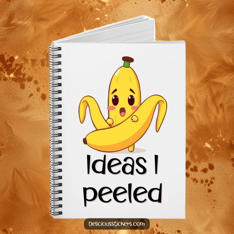 Funny notebook with a surprised banana character peeking from behind a peel, ideal for jotting down notes with a smile.