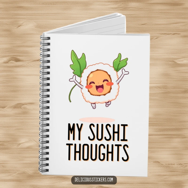 Funny notebook with a smiling sushi roll jumping with seaweed wings, ready to write.