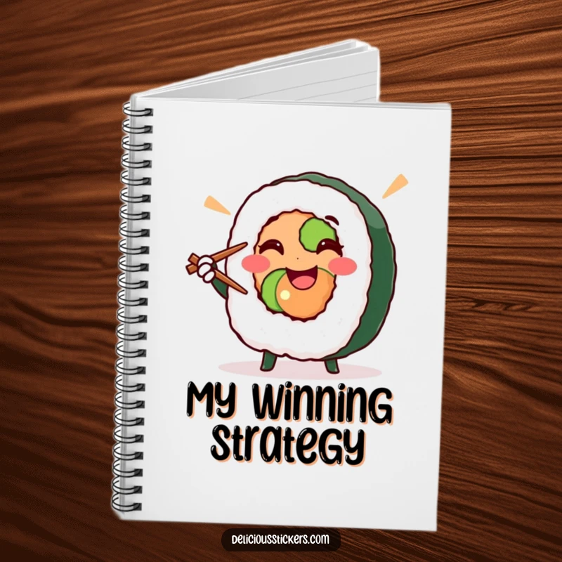 Funny sushi roll doing a victory pose with chopsticks, this notebook is great for jotting down funny food ideas, perfect gift.