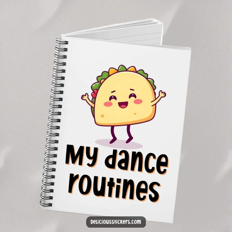 Funny notebook showcasing a happy taco character doing a silly dance move with legs, ideal for notes and doodles.