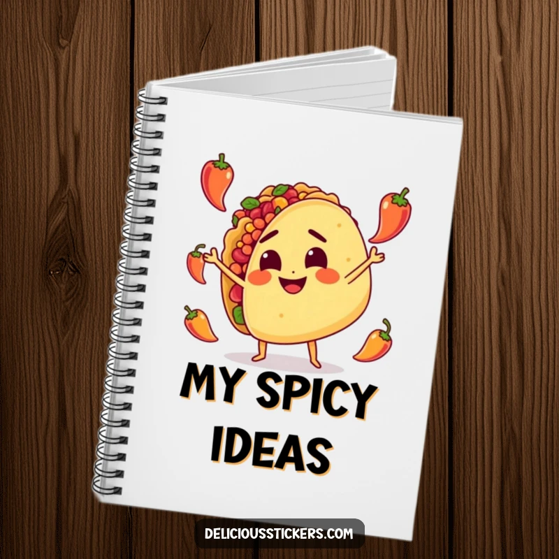 Funny Notebook: A smiling taco character with intense focus juggles tiny peppers, inspiring creativity and culinary adventures.