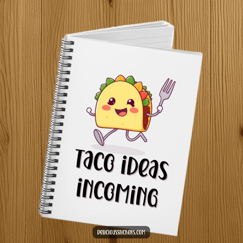 Funny notebook with a happy taco character running with a fork and spoon, ready to jot notes.
