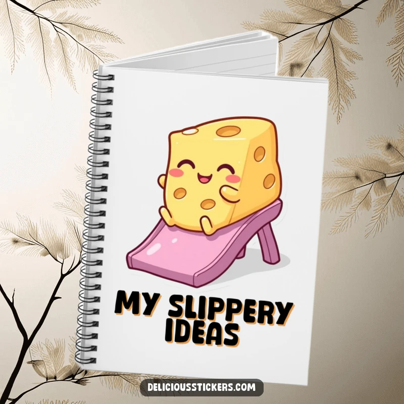 Funny winking cheese notebook, its cover showing a cheese slice joyfully sliding, perfect for jotting down cheesy thoughts.