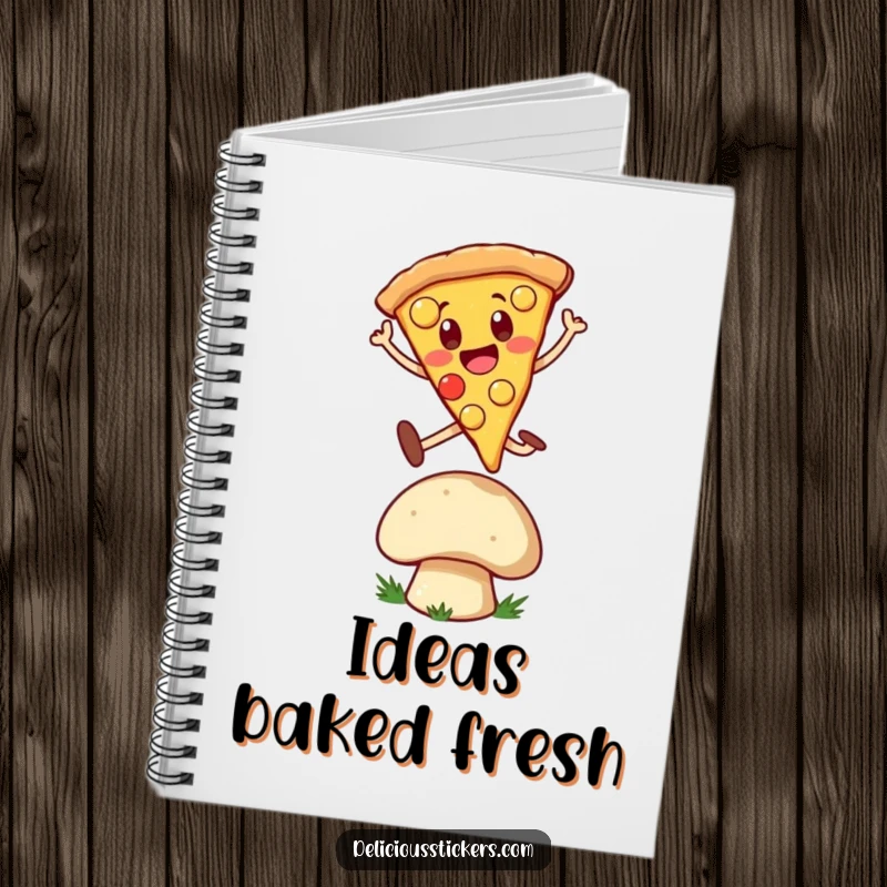 Funny Notebook: Cheerful pizza slice character joyfully leaping over a mushroom, perfect for capturing notes with a side of cartoon fun.