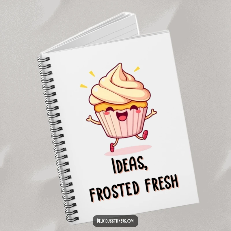 Funny Notebook: A beaming cupcake character doing a little hop, perfect for capturing sweet notes and ideas.
