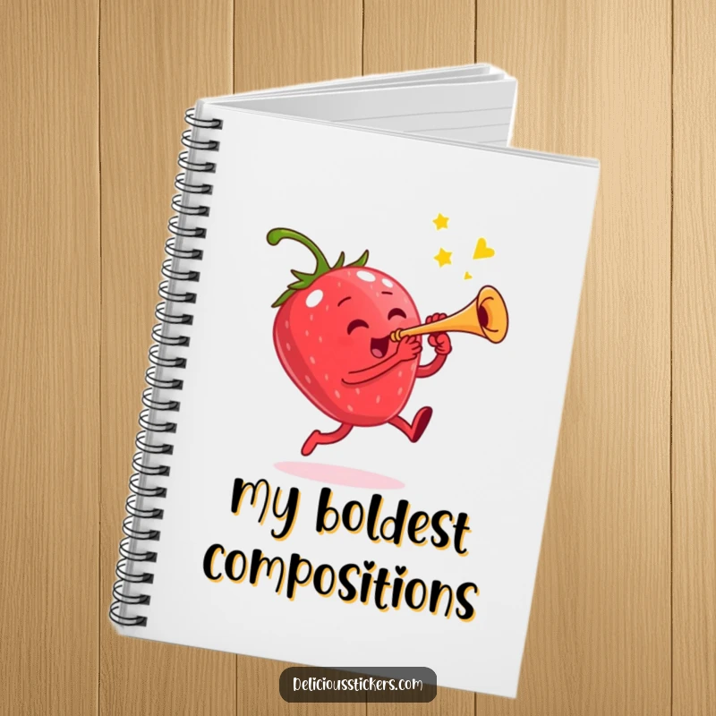 Funny notebook with a cover illustration of a jumping strawberry playing a tiny trumpet, perfect for notes.