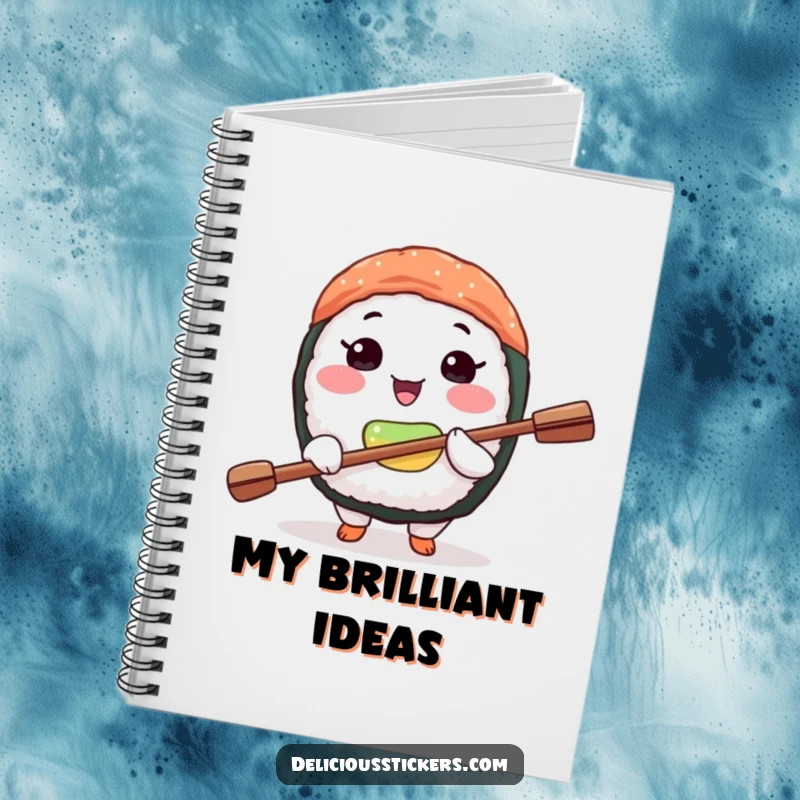 Funny sushi balance notebook featuring a joyful sushi character balancing a tiny paddle on its nose, ideal for journaling.