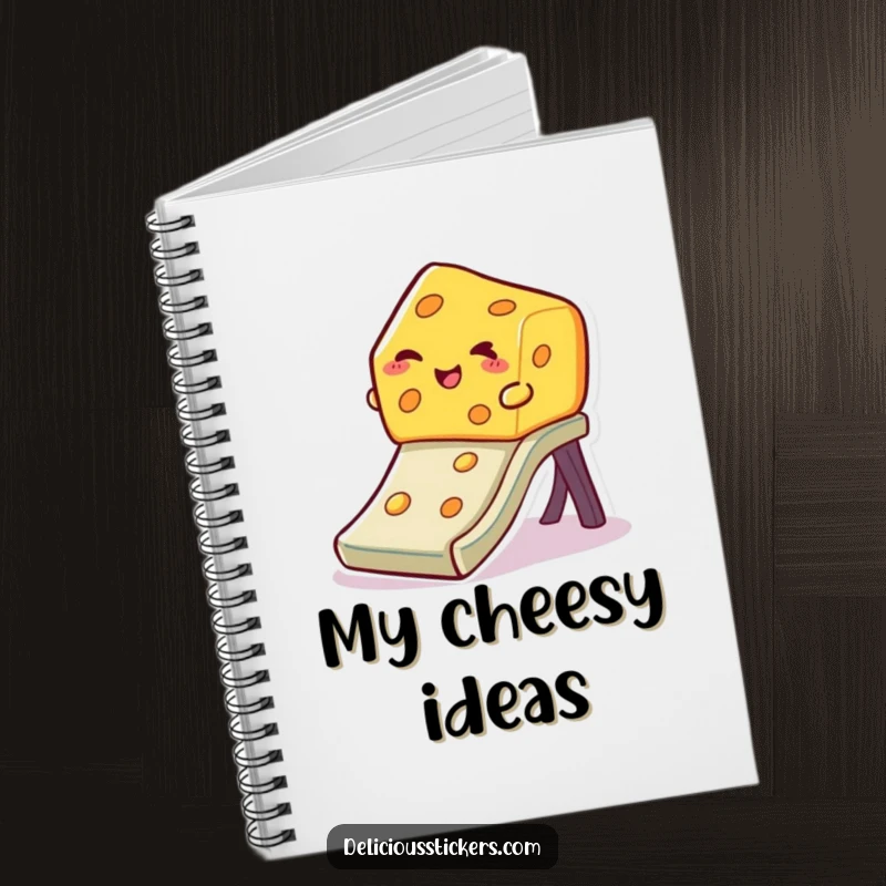Funny winking cheese notebook, a slice of cheese slides down a slide with a wink, inspiring users to fill pages with fun.
