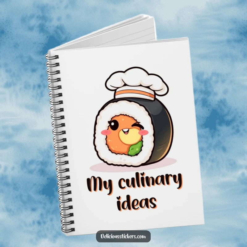 Funny sushi roll notebook, winking chef hat, a humorous and practical stationery item.