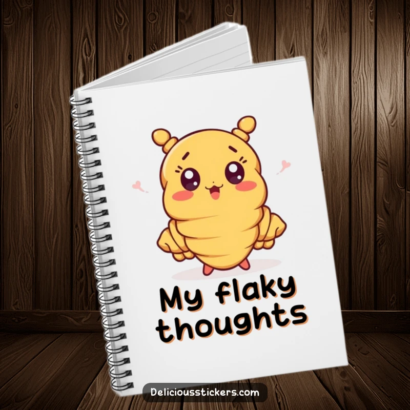 Funny croissant with waving ends on a notebook, a surprised and humorous writing tool.