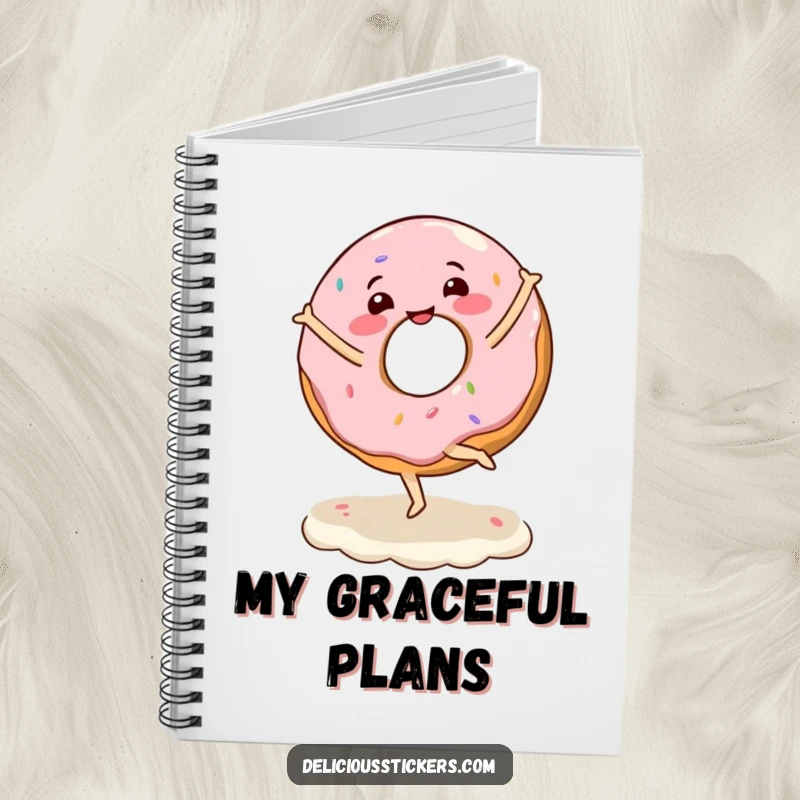 Funny notebook showcasing a happy donut character doing a ballet twirl on frosting, ideal for writing and sketching.