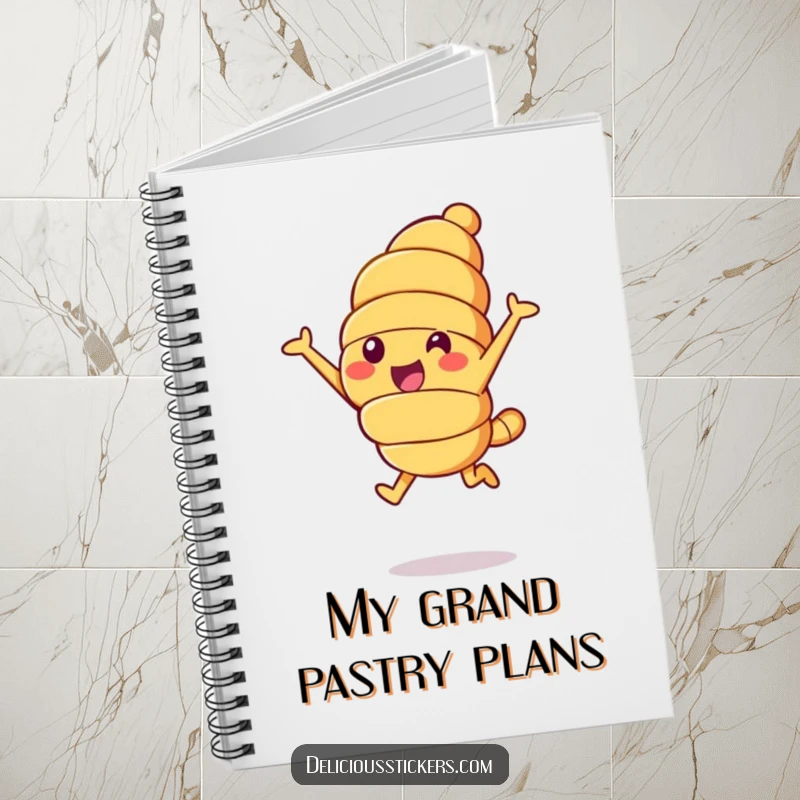 Funny croissant leap notebook, a cheerful croissant character leaping into the air, perfect for journaling.