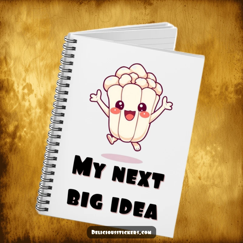 Funny notebook featuring a delighted popcorn kernel character jumping with excitement, perfect for note-taking and movie planning.