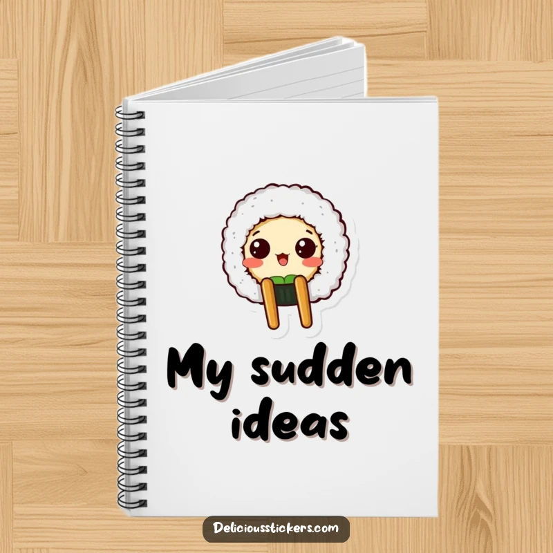 Funny notebook showcasing a surprised sushi roll character peeking from a chopstick holder, ideal for notes and recipes.