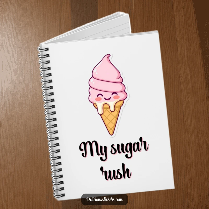 Funny melting ice cream cone notebook character depicted in a joyful, melty state, perfect for note-taking and creative writing sessions.