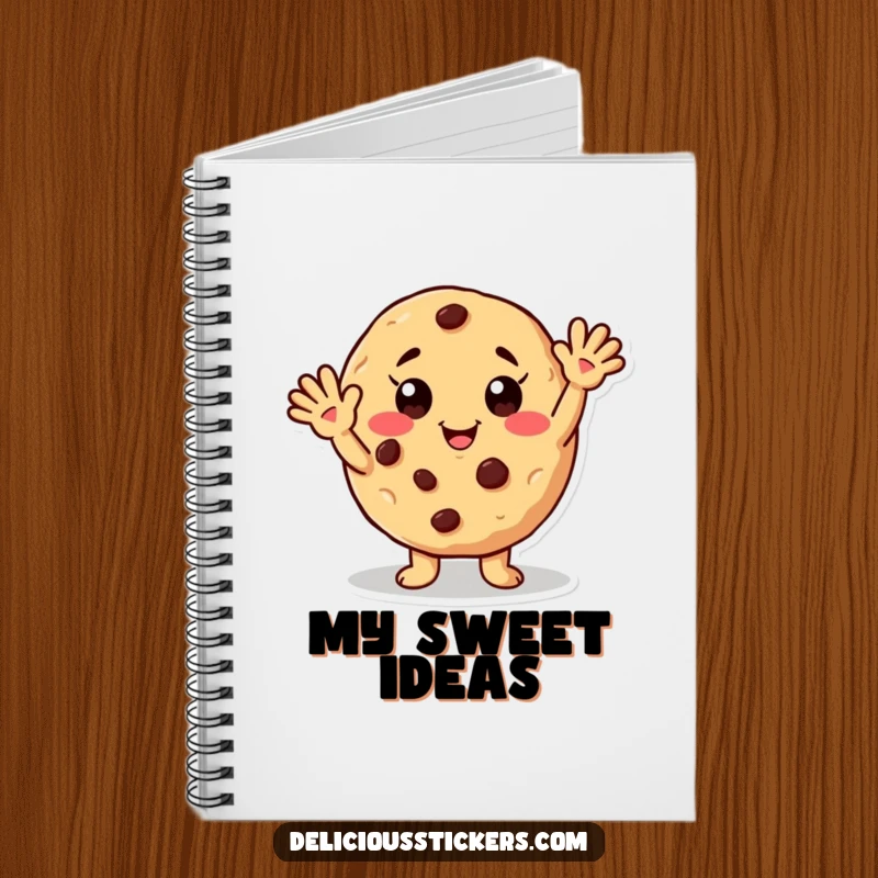 Funny notebook featuring a friendly waving cookie character with chocolate chip freckles, perfect for notes and sweet inspirations.