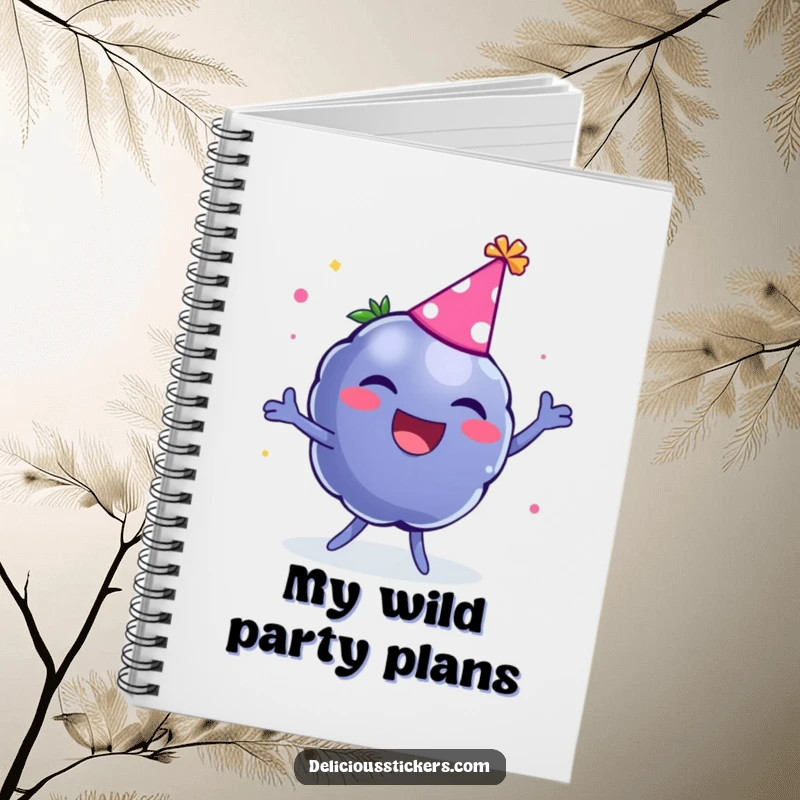 Funny notebook with a cover illustration of a laughing blueberry wearing a party hat and dancing, perfect for notes.
