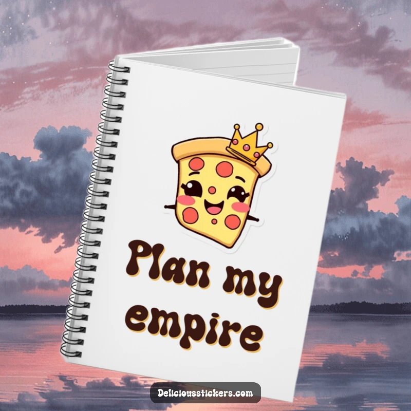 Funny Notebook with a grinning pizza slice character wearing a tiny crown, perfect for jotting down delicious thoughts and ideas.